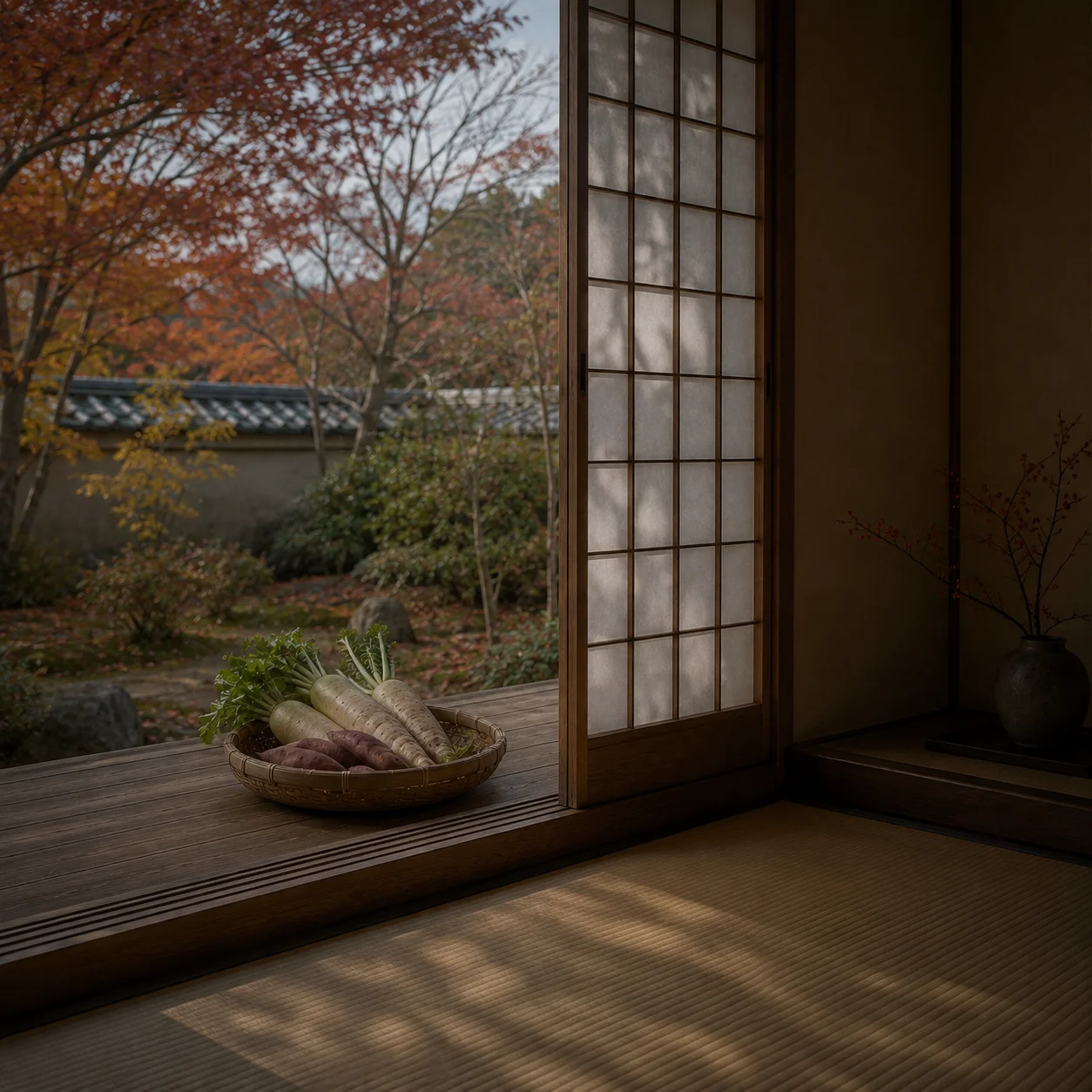 秋の和室から見た庭。縁側に大根とさつまいもを盛った竹かごが置かれ、庭の紅葉と土塀が見えている。畳に障子越しの光が落ちている