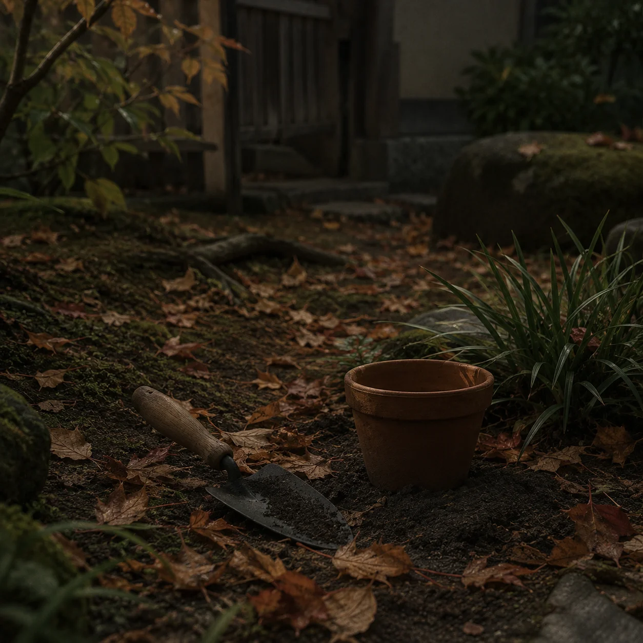 秋の庭。手入れの途中で置かれた木の柄の移植ごてと素焼きの鉢、足元に落ち葉が散っている