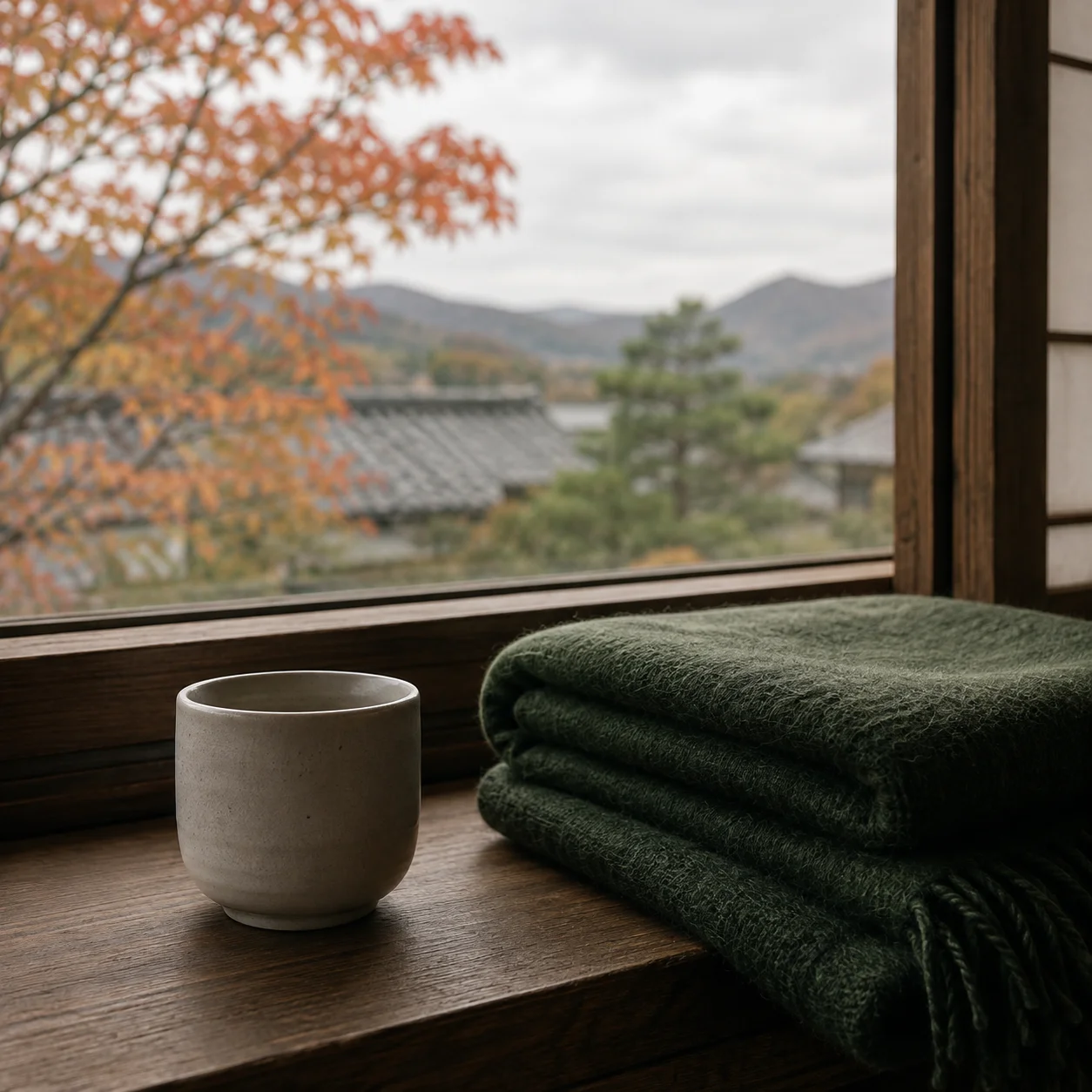 秋の窓辺。紅葉した木と山並みを望む木の窓枠の下に、白い湯のみと、たたんだ深緑の毛布が置かれている