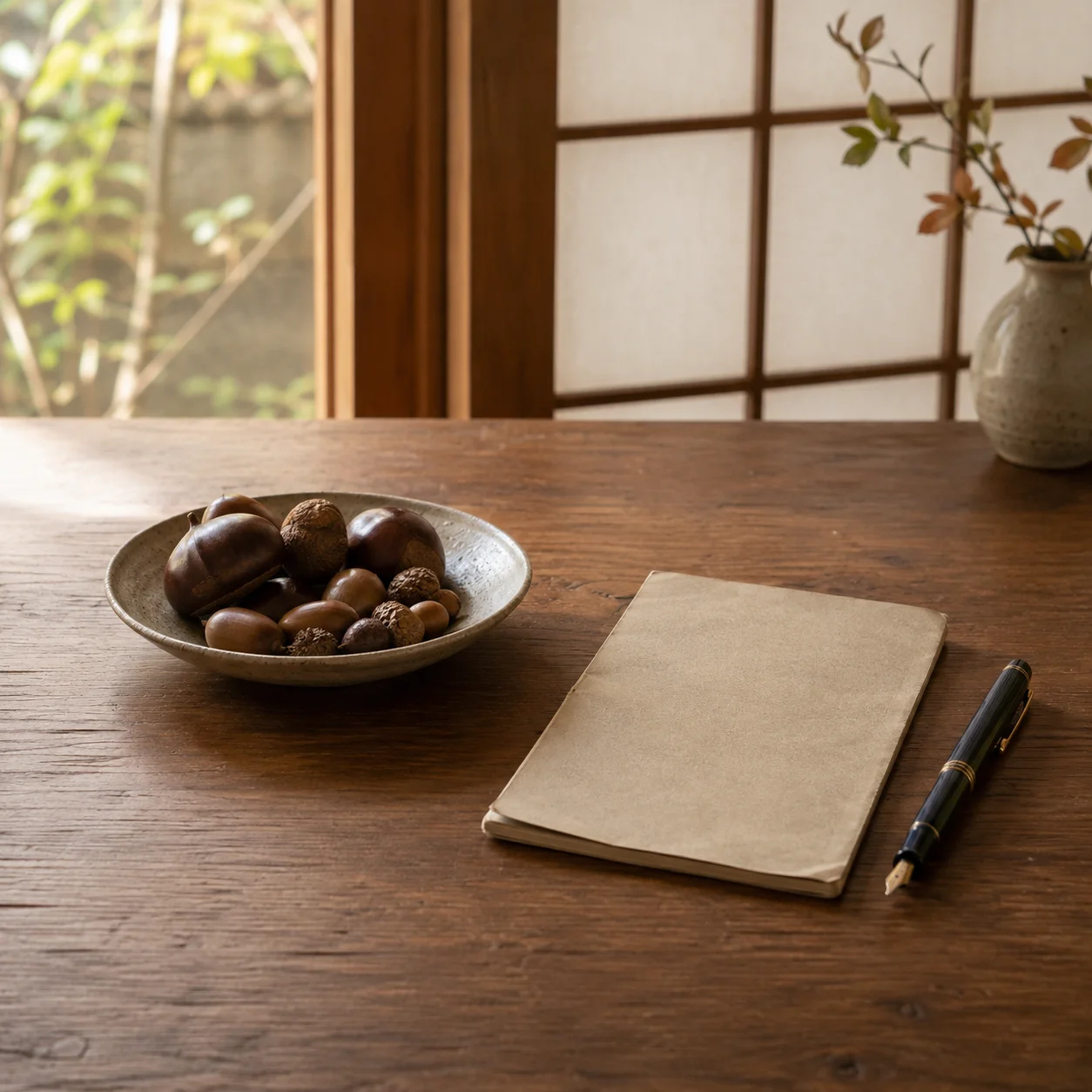 木の卓の上に、栗とどんぐりを盛った浅い器と、閉じた冊子、万年筆が並んでいる。障子越しの朝の光