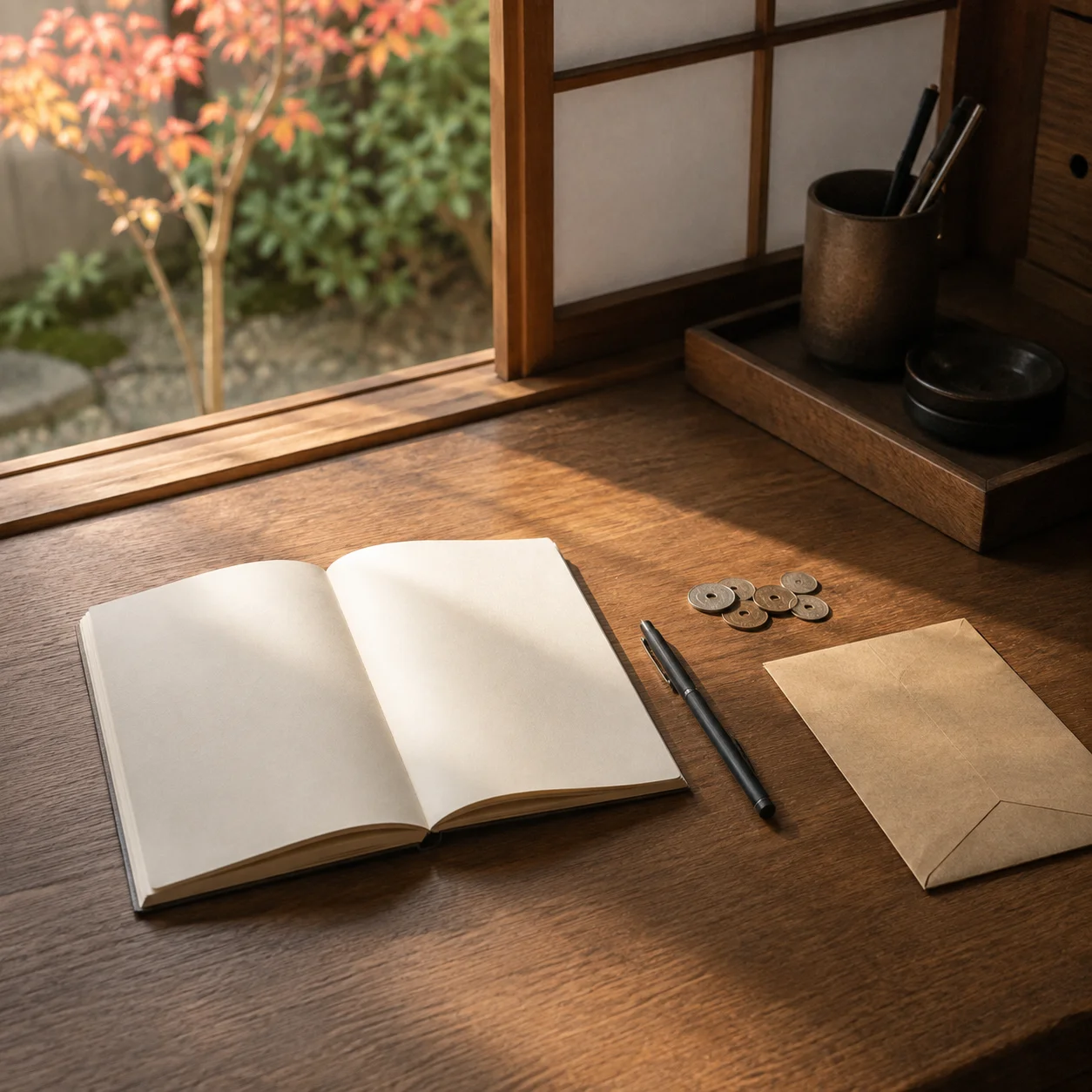 木の机に開かれた無地のノートとペン、五円玉が数枚、茶封筒がひとつ。窓の外には紅葉が見えている