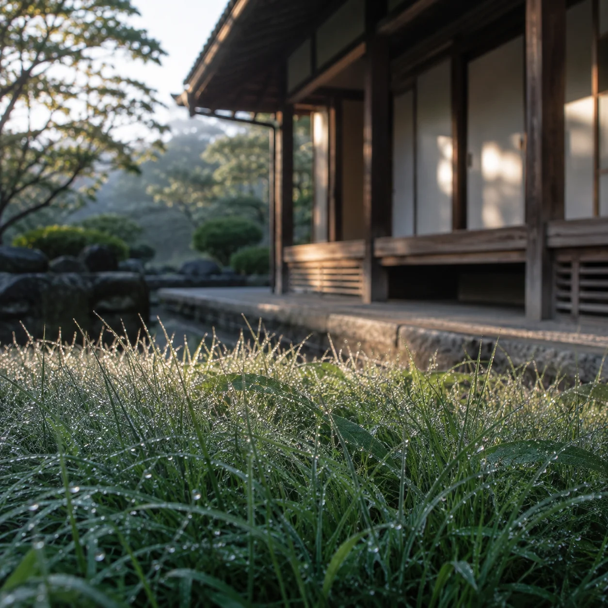 早朝の庭。草の葉に朝露がつき、奥に木の縁側が見えている
