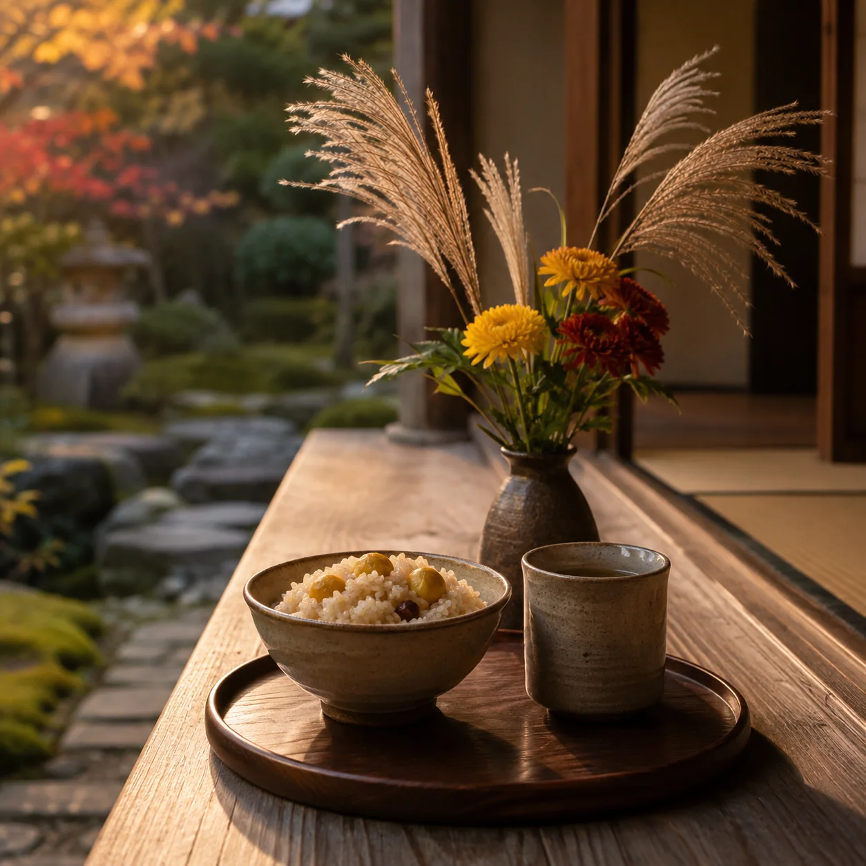 縁側の木の丸盆に、栗ごはんをよそった茶碗と湯呑みが並び、奥の花瓶にすすきと黄色と赤の菊が生けてある。庭には紅葉と石灯籠が見える