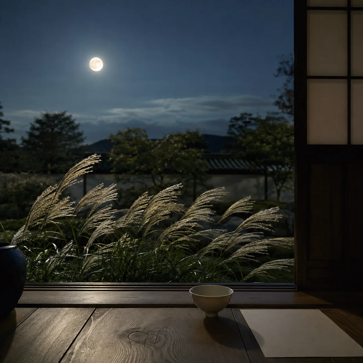 秋の夜空にのぼる明るい月。手前にすすきの穂がゆれ、縁側に小さな器と紙が置かれている