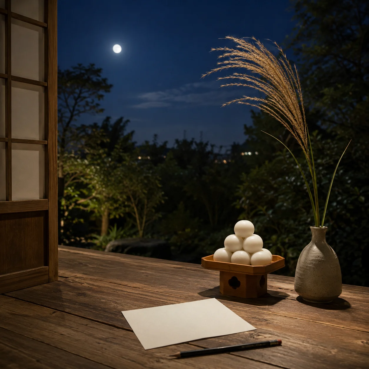 日本家屋の縁側の夜。三方に積まれた白い月見団子と、すすきを生けた徳利、白い紙と鉛筆が並び、空に月が出ている
