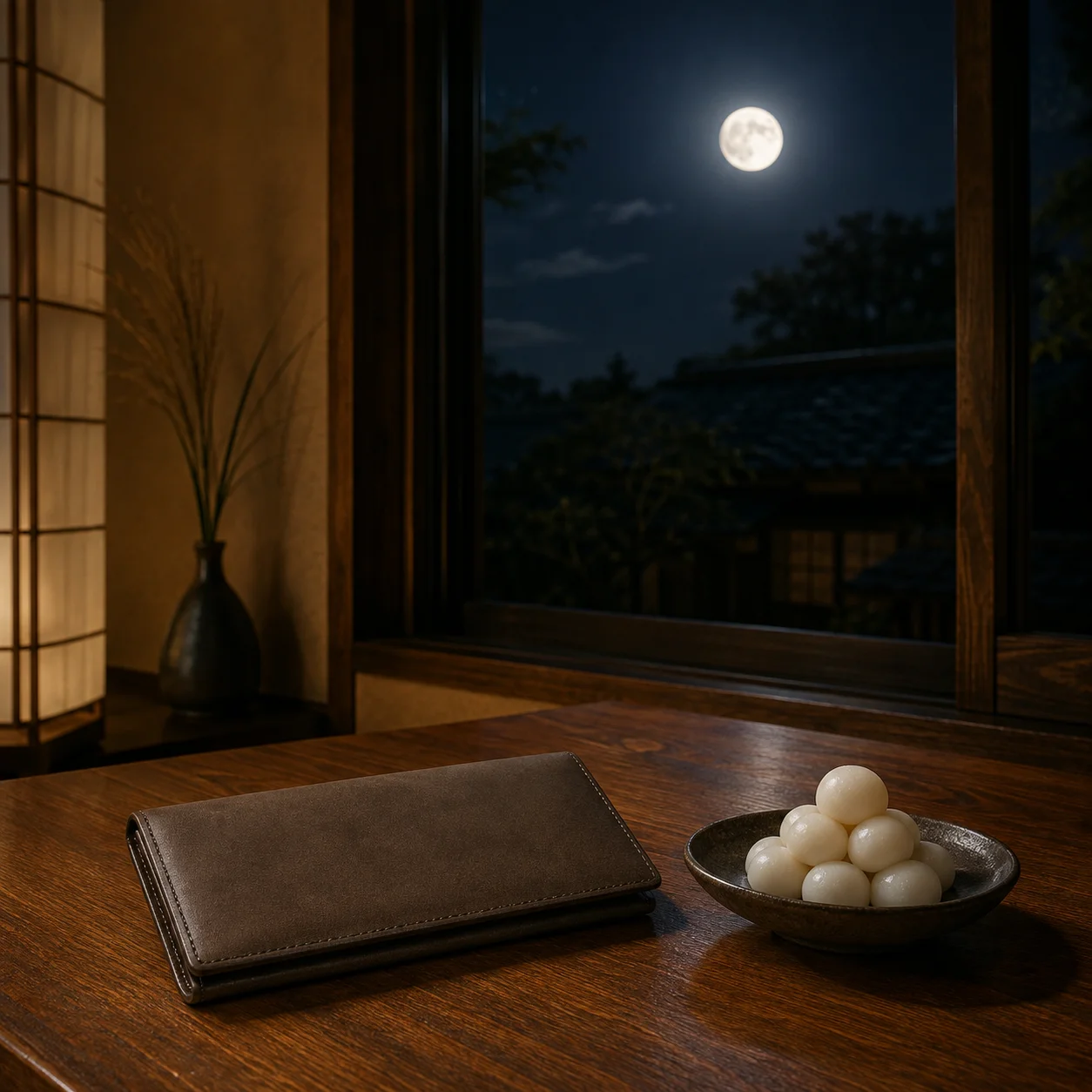夜の窓辺に並べて置かれた革の財布と、月見団子を盛った小皿。窓の外に丸い月が見える