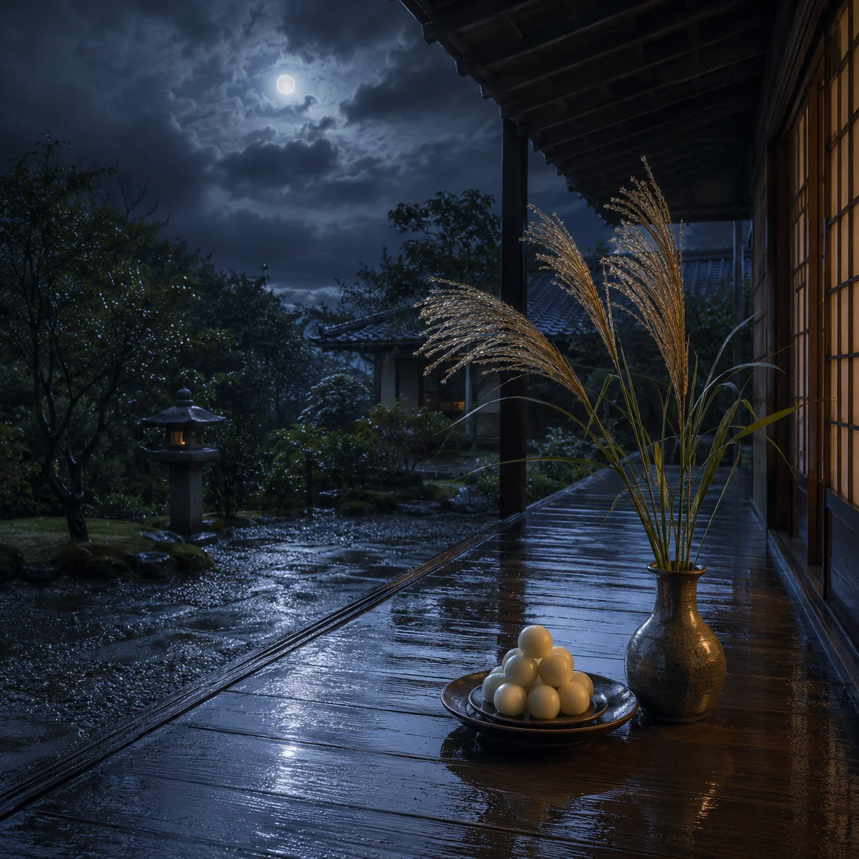 雨に濡れた窓の向こうにぼんやりと浮かぶ月。手前の縁側に月見団子とすすきが供えられている