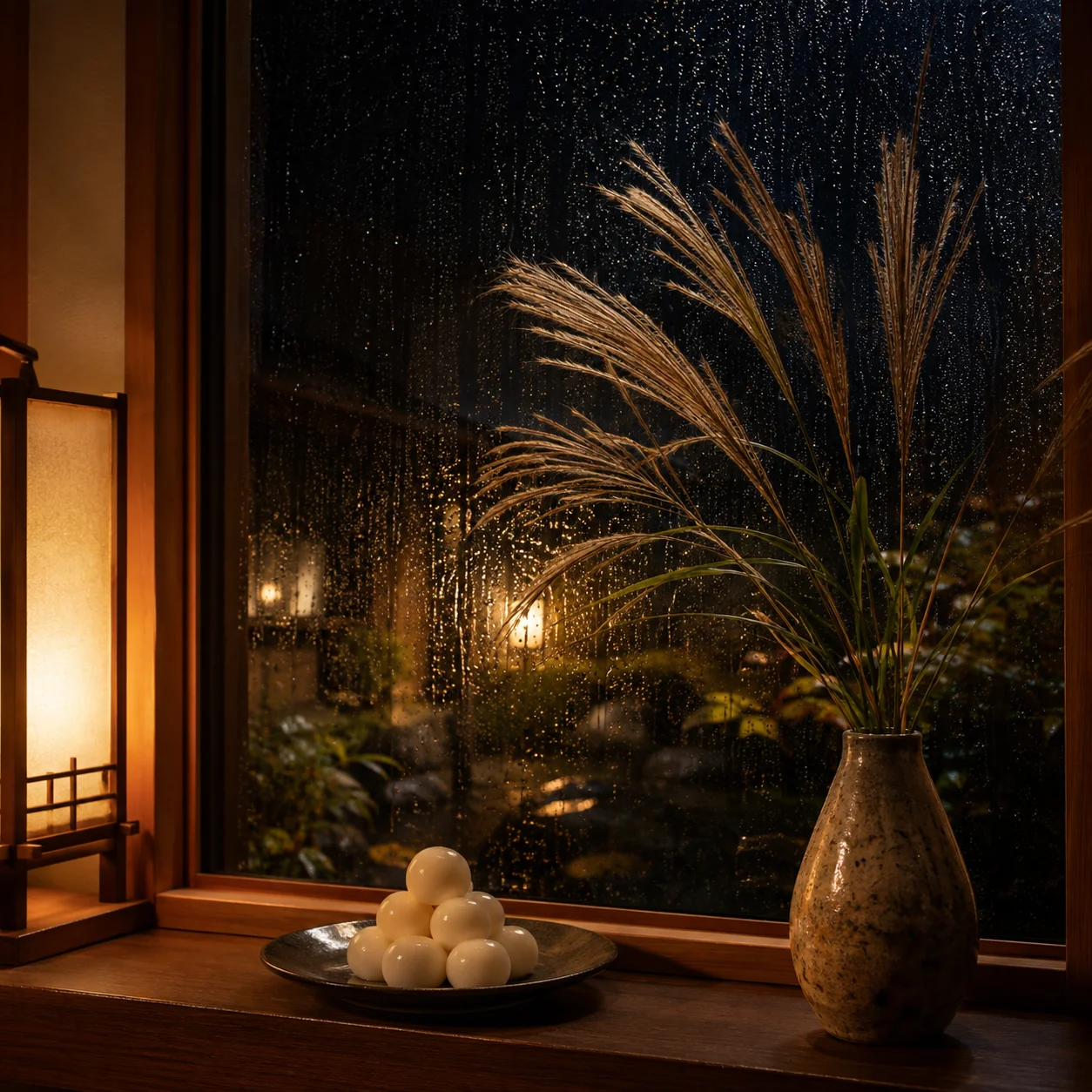 室内の窓辺に供えられた月見団子とすすき。窓ガラスには雨粒が伝い、外は暗い