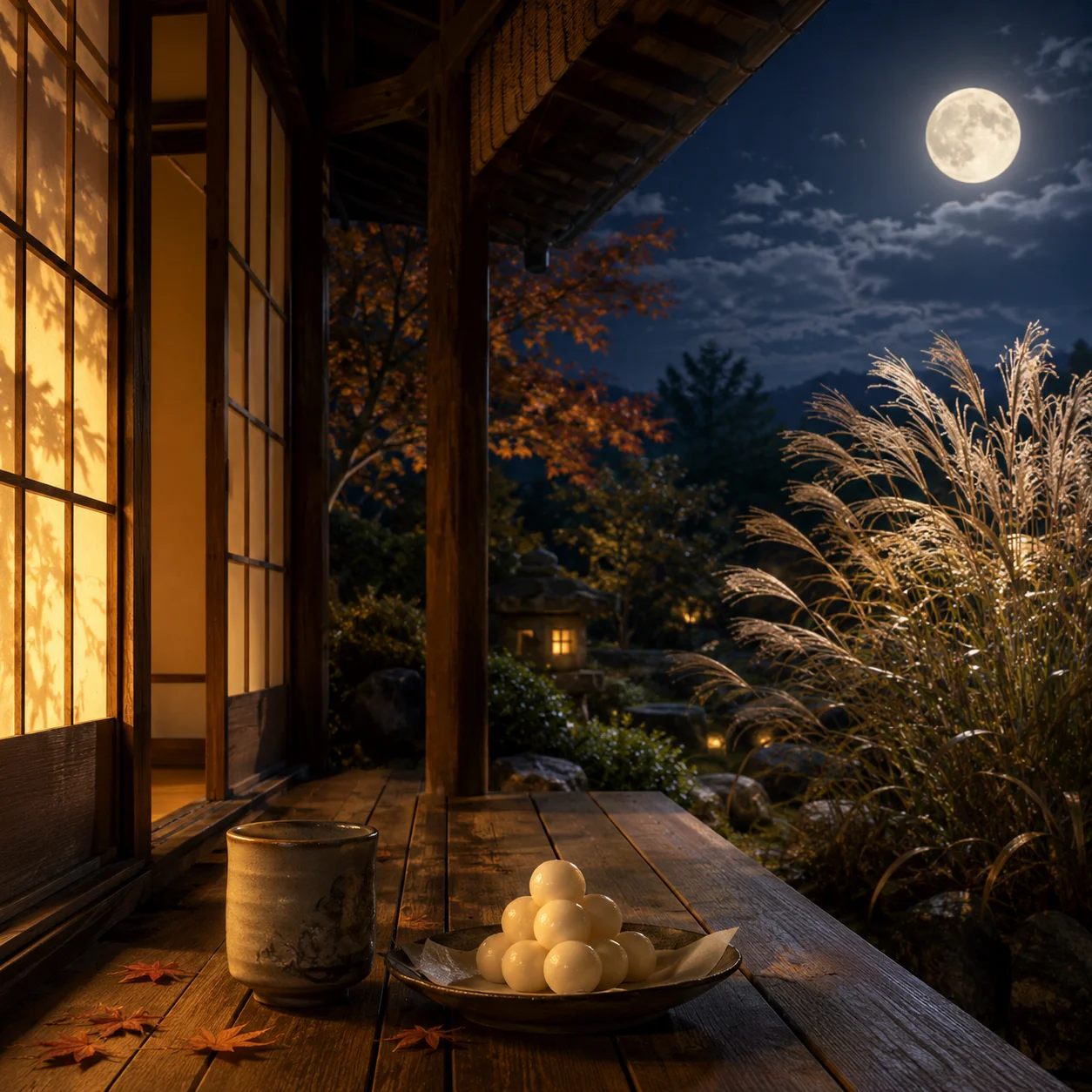 縁側で月見団子とお茶を楽しむお月見の情景