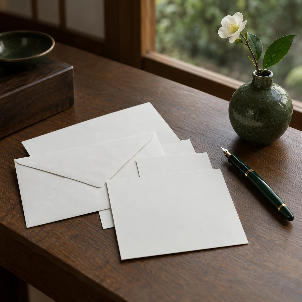 窓辺の木の机に重なった白い封筒と葉書。封筒には何も書かれていない。深緑の万年筆と、白い椿を挿した深緑の一輪挿し、奥に深緑の小鉢