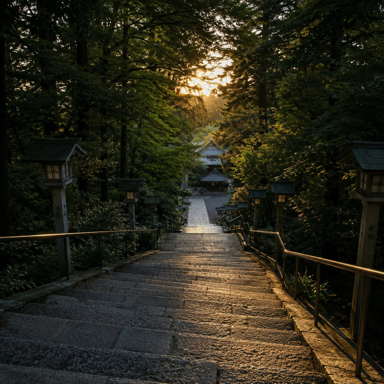 夕暮れの神社の長い石段を上から見下ろした構図。両側に石灯籠と深緑の木立、石段に夕日の光が伸びている