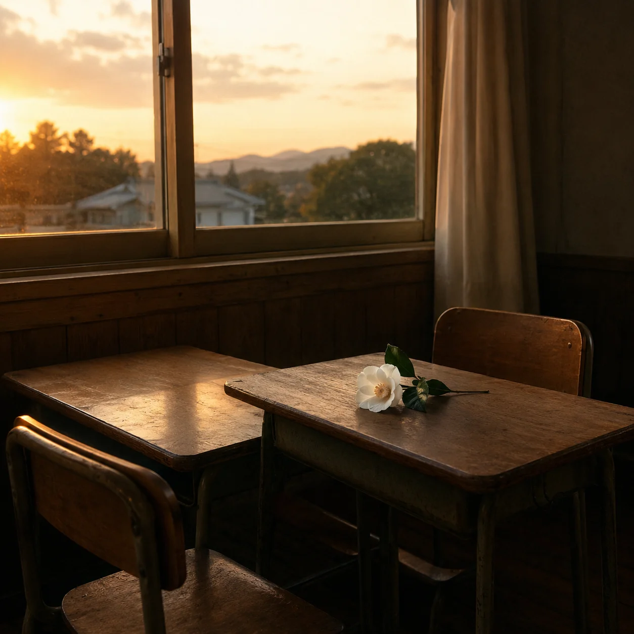 夕焼けの見える教室の窓辺に並んだ二つの木の机と椅子。片方の机の上に白い椿の花が一輪置かれている