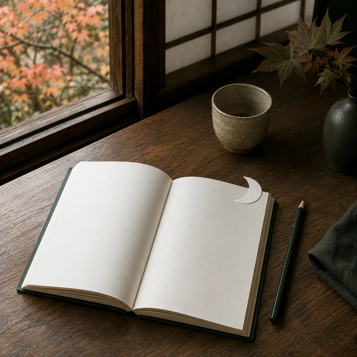 紅葉の見える障子窓のそばの木の机に開かれた無地のノートと深緑の鉛筆。ページの角に白い三日月の形の栞がはさまれ、奥に湯のみ