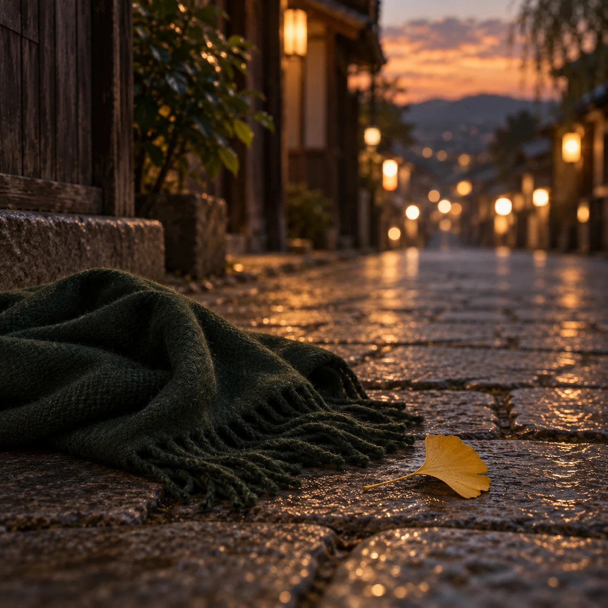 夕暮れの石畳の街路に落ちた深緑のマフラーと一枚の黄色い銀杏の葉。奥に灯りのともった家並みがぼけて続く
