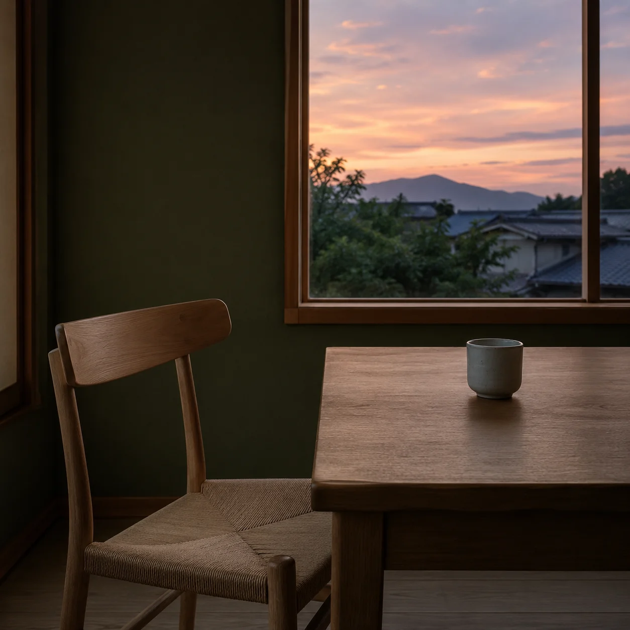 夕暮れの空が見える窓辺。深緑の壁の部屋に、一脚だけ置かれた木の椅子と、木のテーブルの上の白い湯のみ