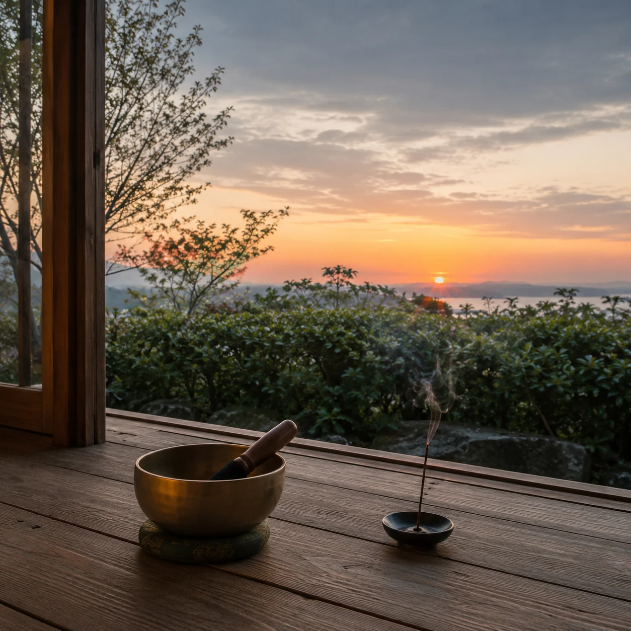 木の縁側から見た夕暮れの西の空。手前の板の上に真鍮の鉢と、香皿に立てた線香から細い煙が上がり、庭の低い生垣の向こうで夕日が沈みかけている