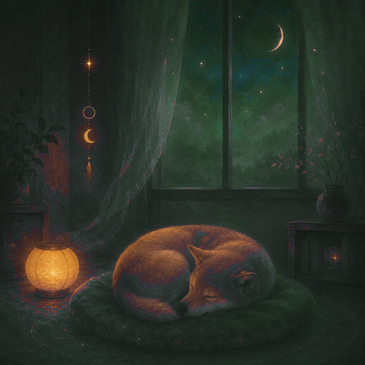 夜の窓辺で丸くなって眠る犬を描いた夢占いのイメージ
