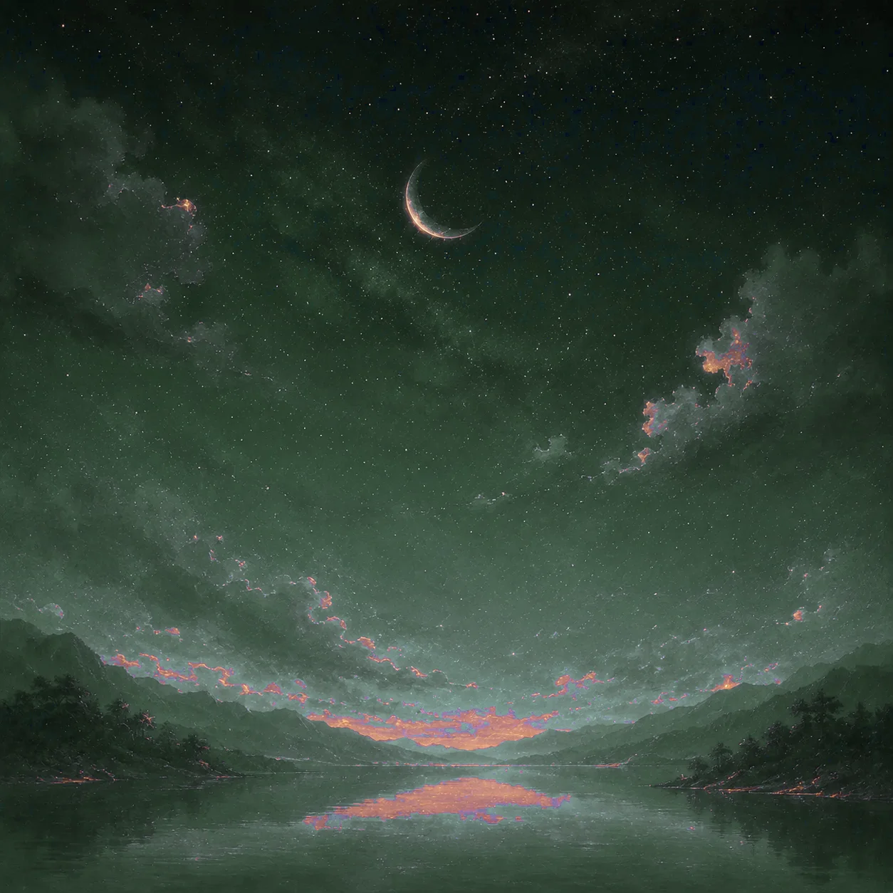 三日月と静かな湖面を描いた夜の情景