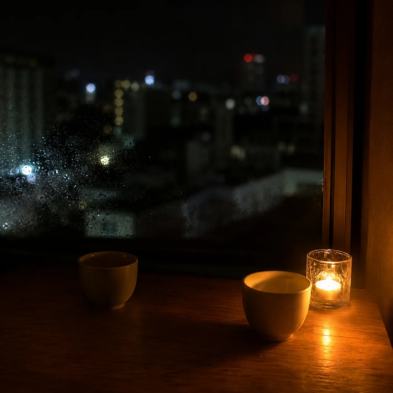 夜の窓辺に置かれた二つのカップと、片方だけに灯る小さな明かり