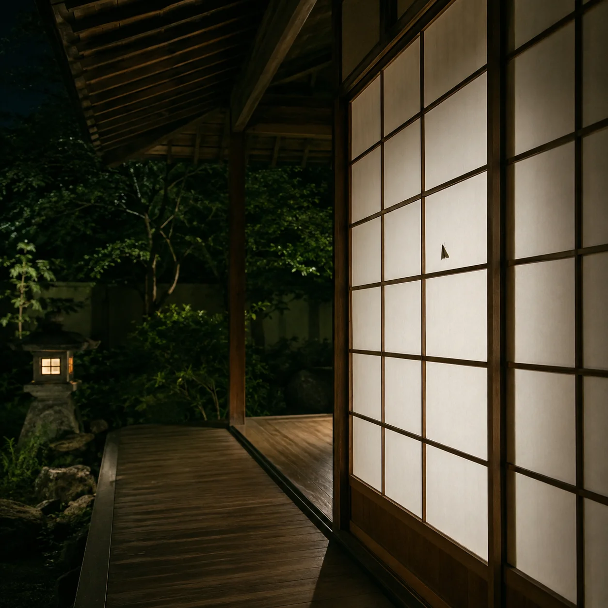 夜の縁側から見た障子。白い明かりの障子の外側に小さな蛾が一匹止まり、庭には灯りのついた石灯籠