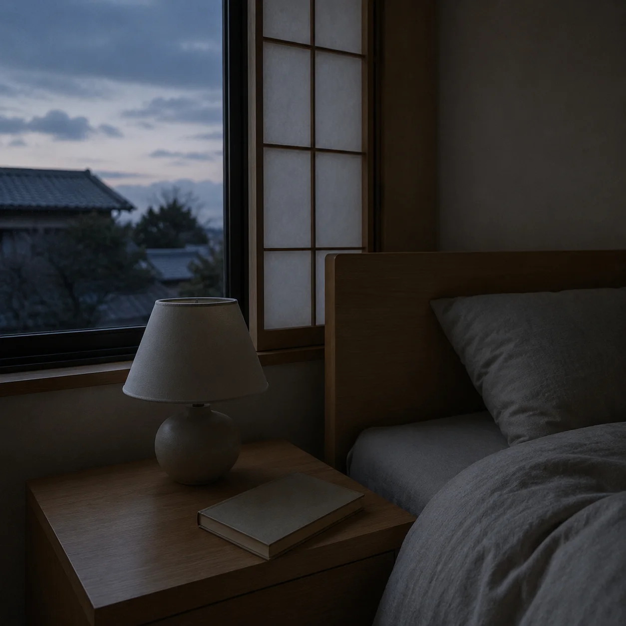 夜明け前の寝室。枕元の木の机に、明かりの消えたランプと閉じた本が置かれている。窓の外は薄明で、瓦屋根と雲が見えている