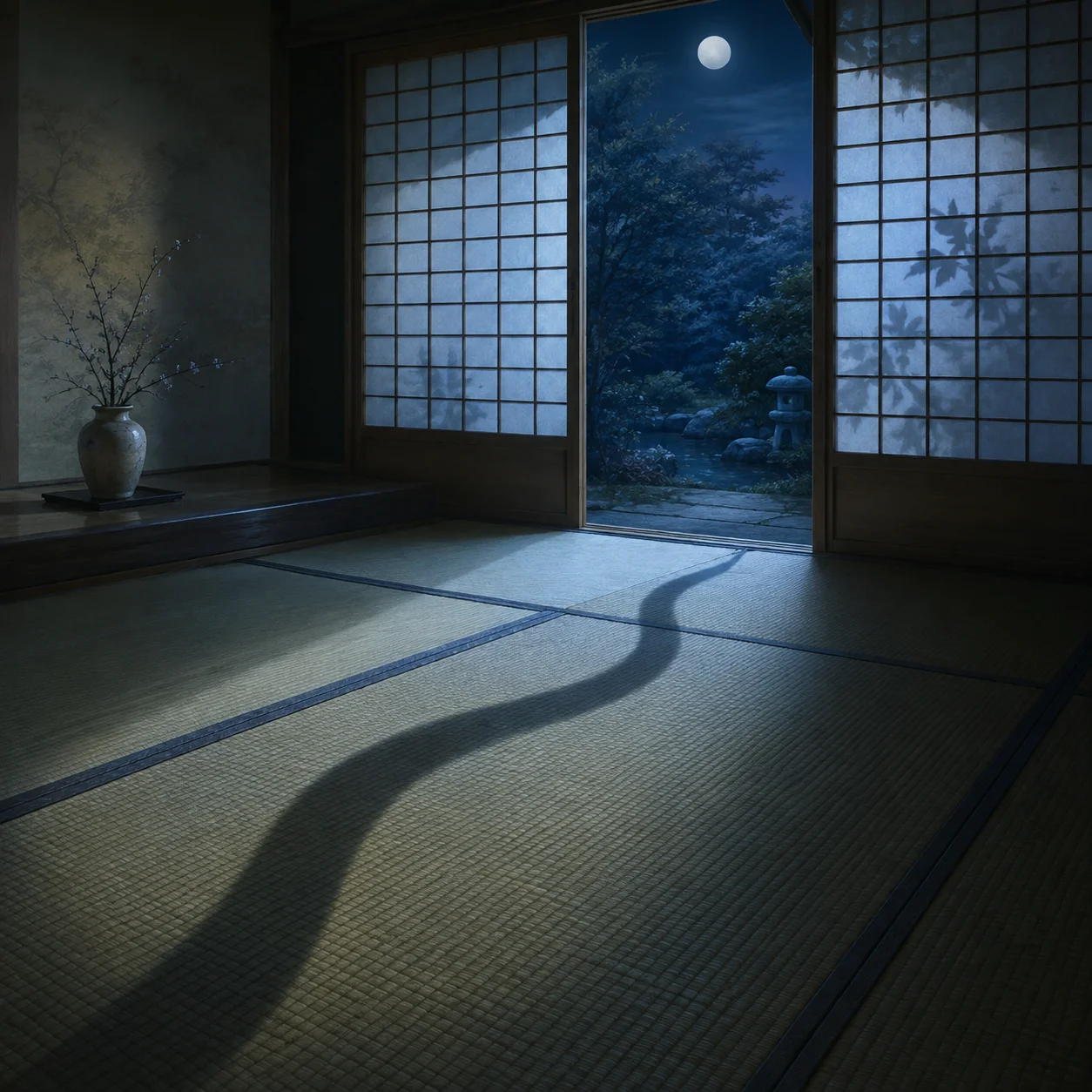 障子越しの月あかりが畳を照らし、床に細長い曲線の影が伸びる夜の和室