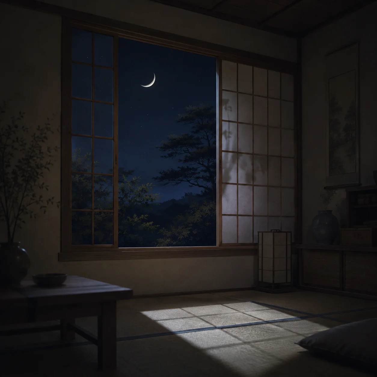 木枠の窓の外に三日月が見える、灯りを落とした夜の和室