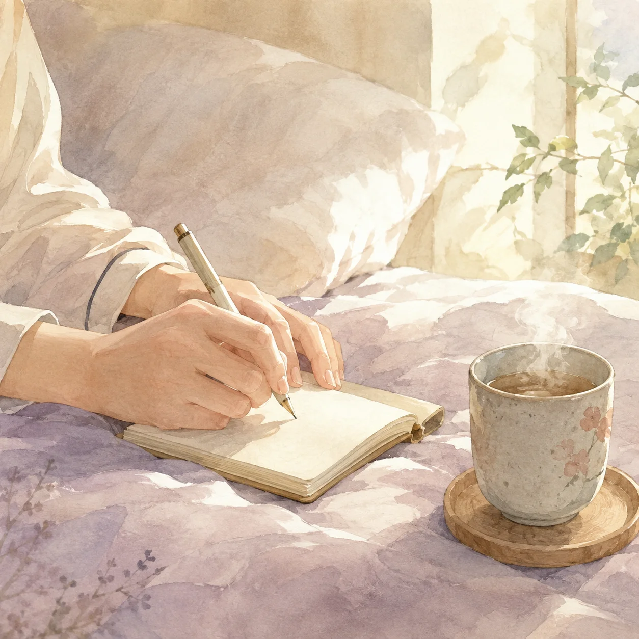 ベッドの上で、万年筆を持った手が小さなノートに書きとめている。かたわらに湯気の立つ湯呑みが置かれている