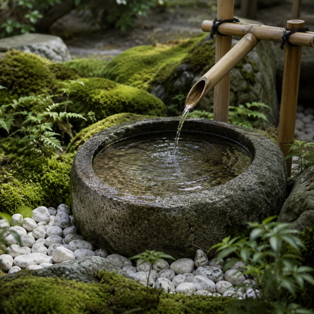日本庭園の石の手水鉢。竹の筒から澄んだ水が流れ落ち、まわりに苔と白い小石が敷かれている