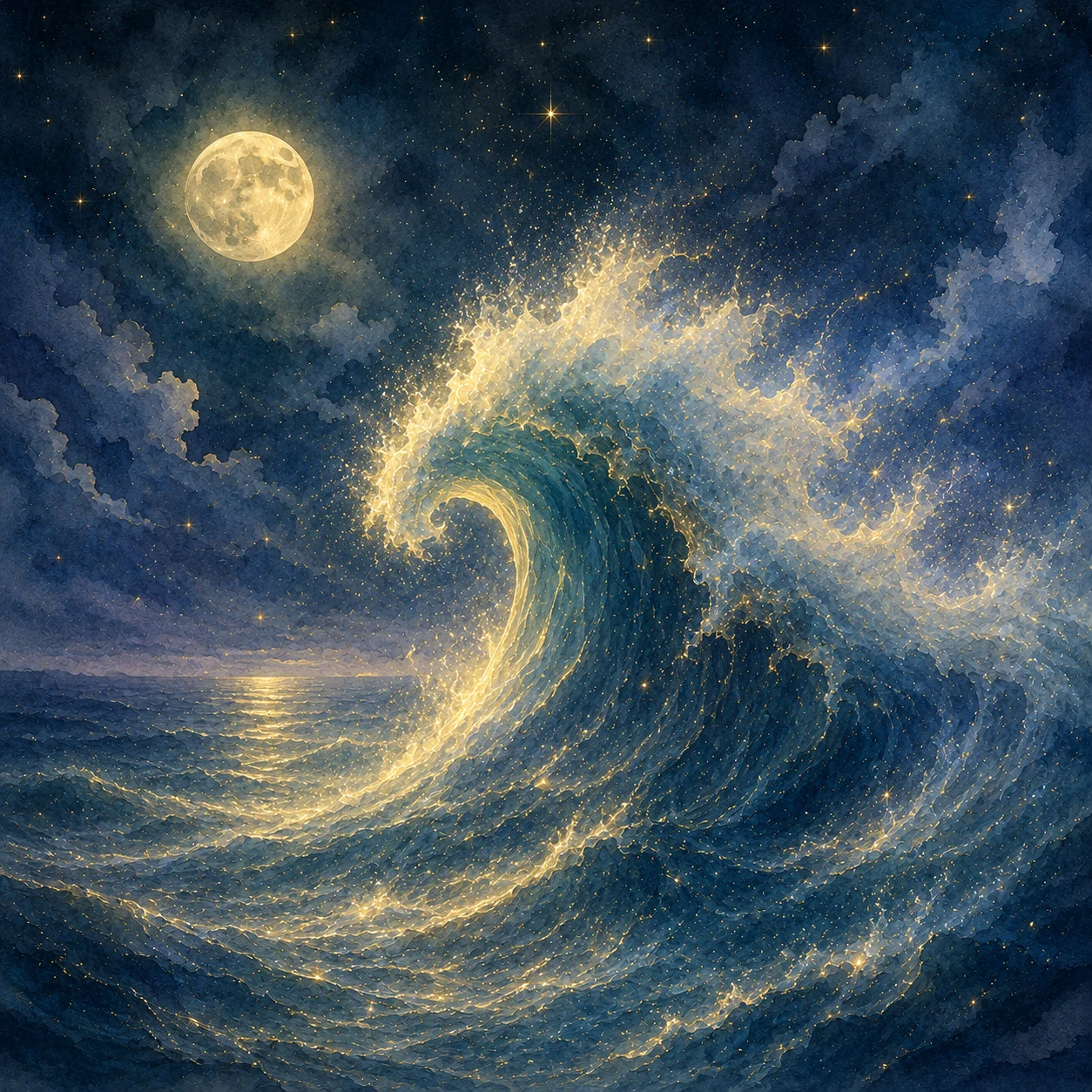 月明かりの下で大きな波がうねる幻想的な海のイメージ
