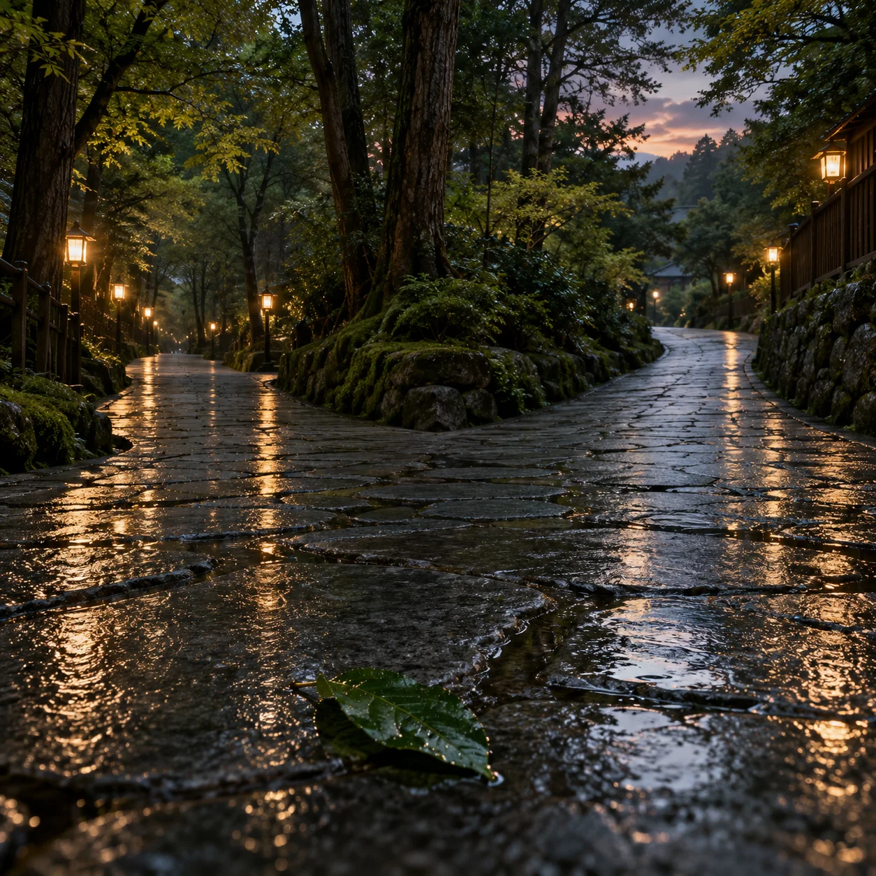 雨上がりの夕暮れの並木道。石畳の道が二つに分かれる分岐点に街灯の光が映り、手前の濡れた石畳に一枚の深緑の葉