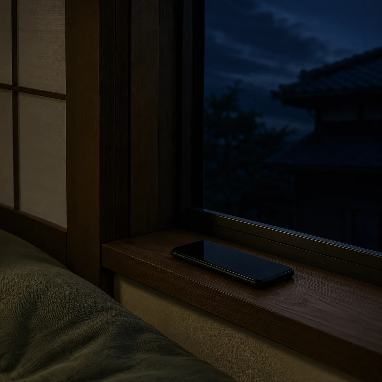 夜、明かりを落とした和室の窓辺。木の枠に置かれたスマートフォンの画面は暗いまま