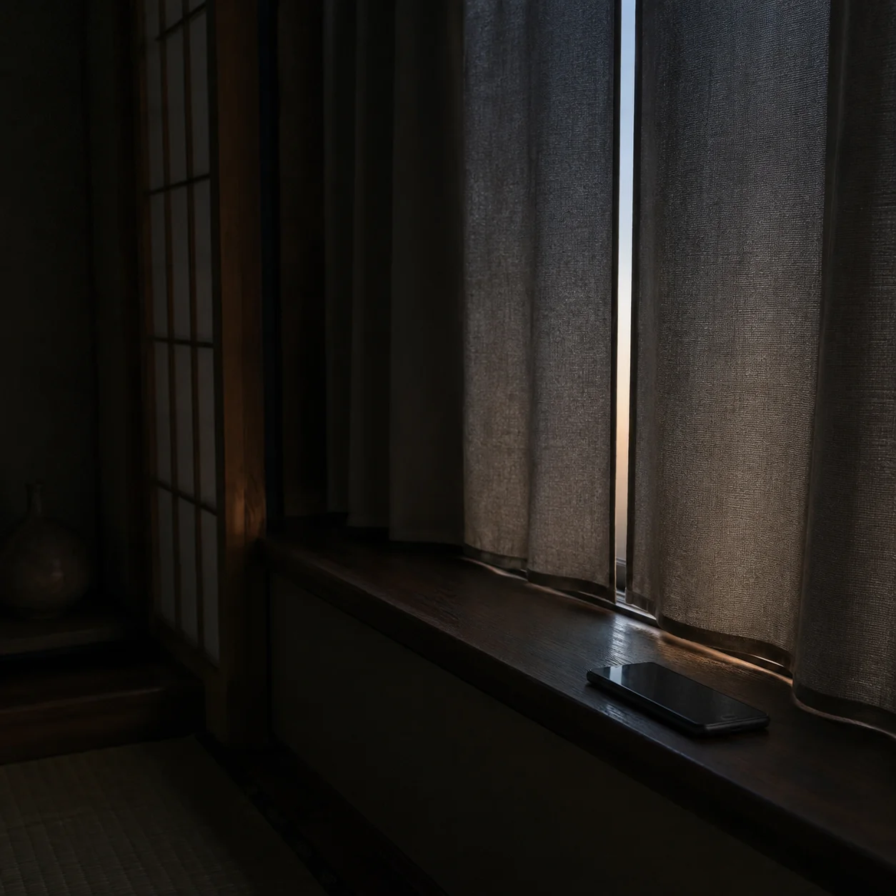 夜明け前の薄暗い和室。木の窓辺に画面の暗いスマートフォンが置かれ、閉じたカーテンのすきまから細い光が差している