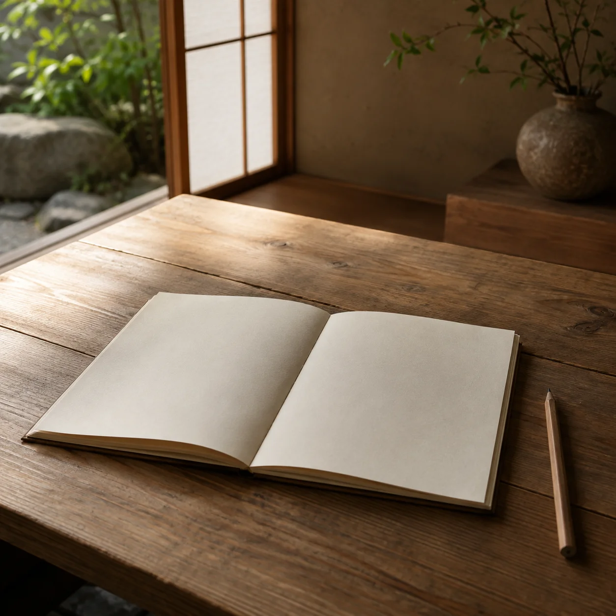 木のテーブルの上に置かれた、何も書かれていない開いた紙のノートと鉛筆