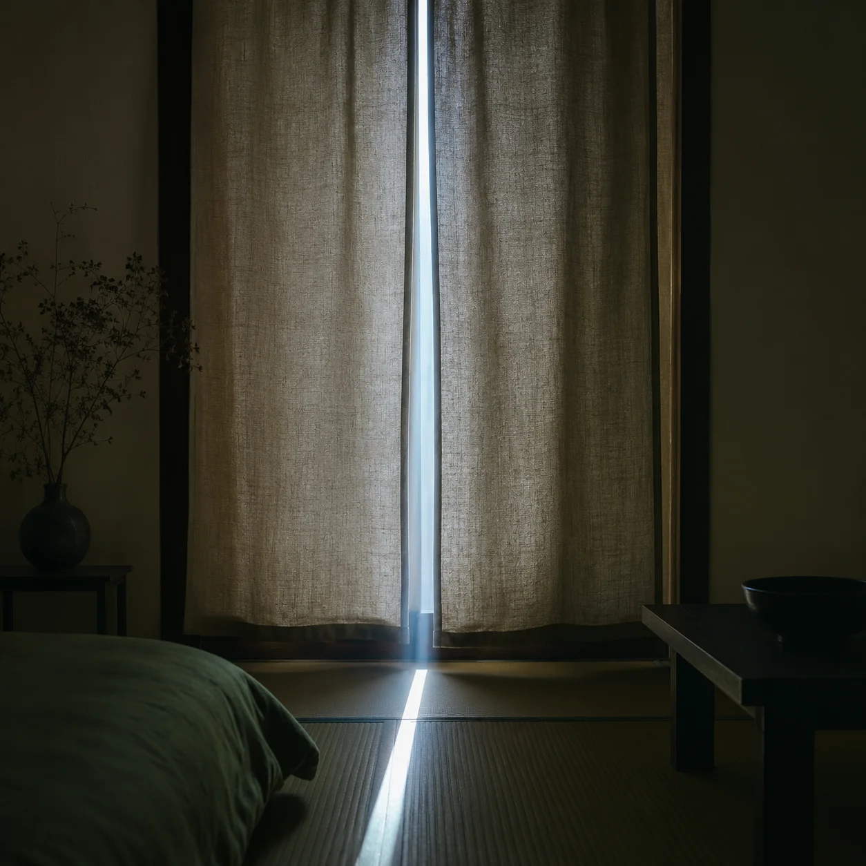 夜明け前の窓辺。閉じたリネンのカーテンのすきまから、細い光が一筋だけ床に伸びている