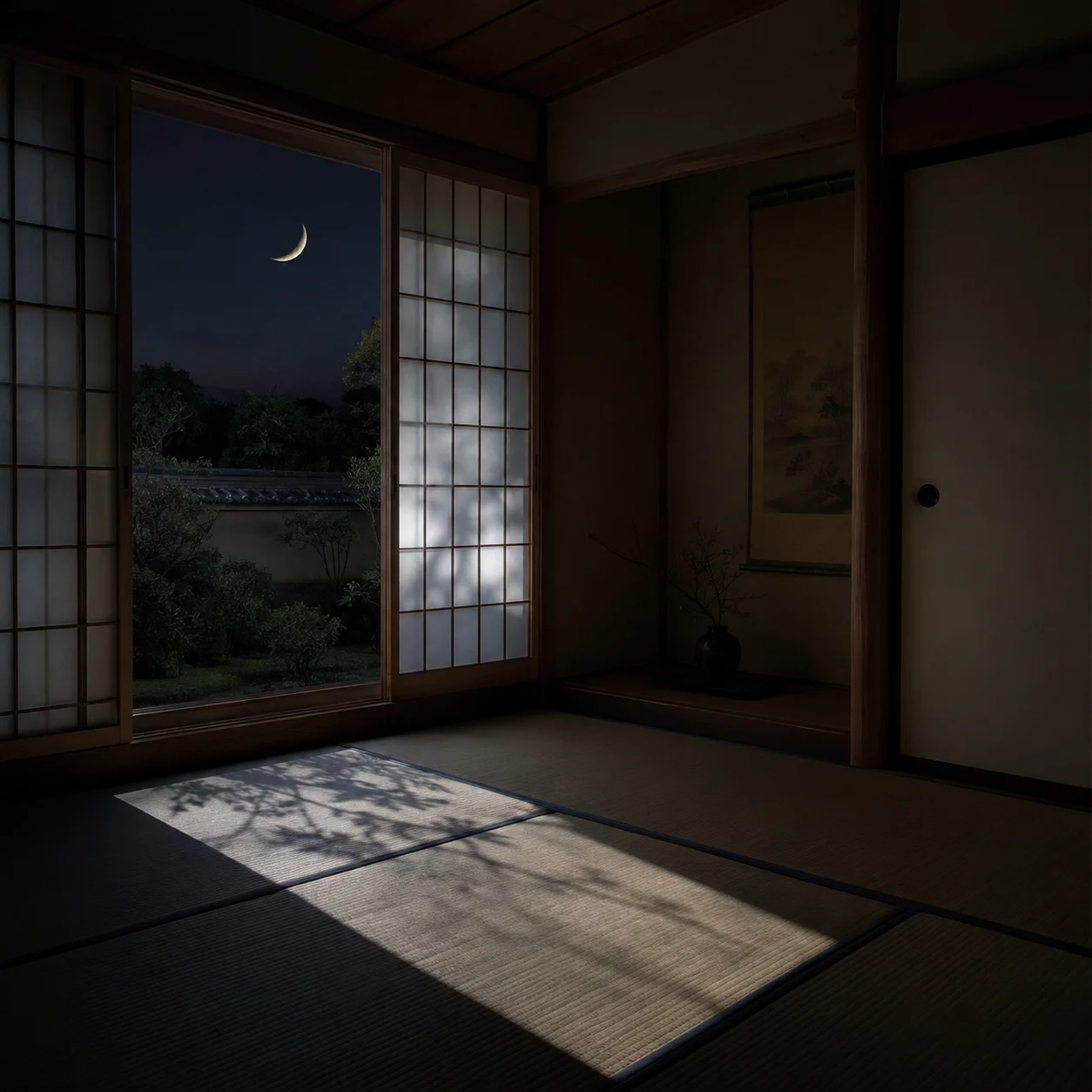 夜の和室。開いた障子の先の夜空に細い三日月が浮かび、畳に月あかりと木の枝の影が落ちている。奥の床の間には掛け軸と花入れ