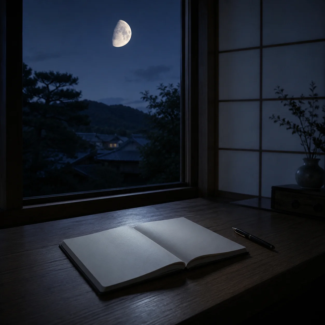 夜の窓辺の木の机に、開いた無地のノートと万年筆が置かれている。窓の外には満ちかけの月と、灯りのともった家並み
