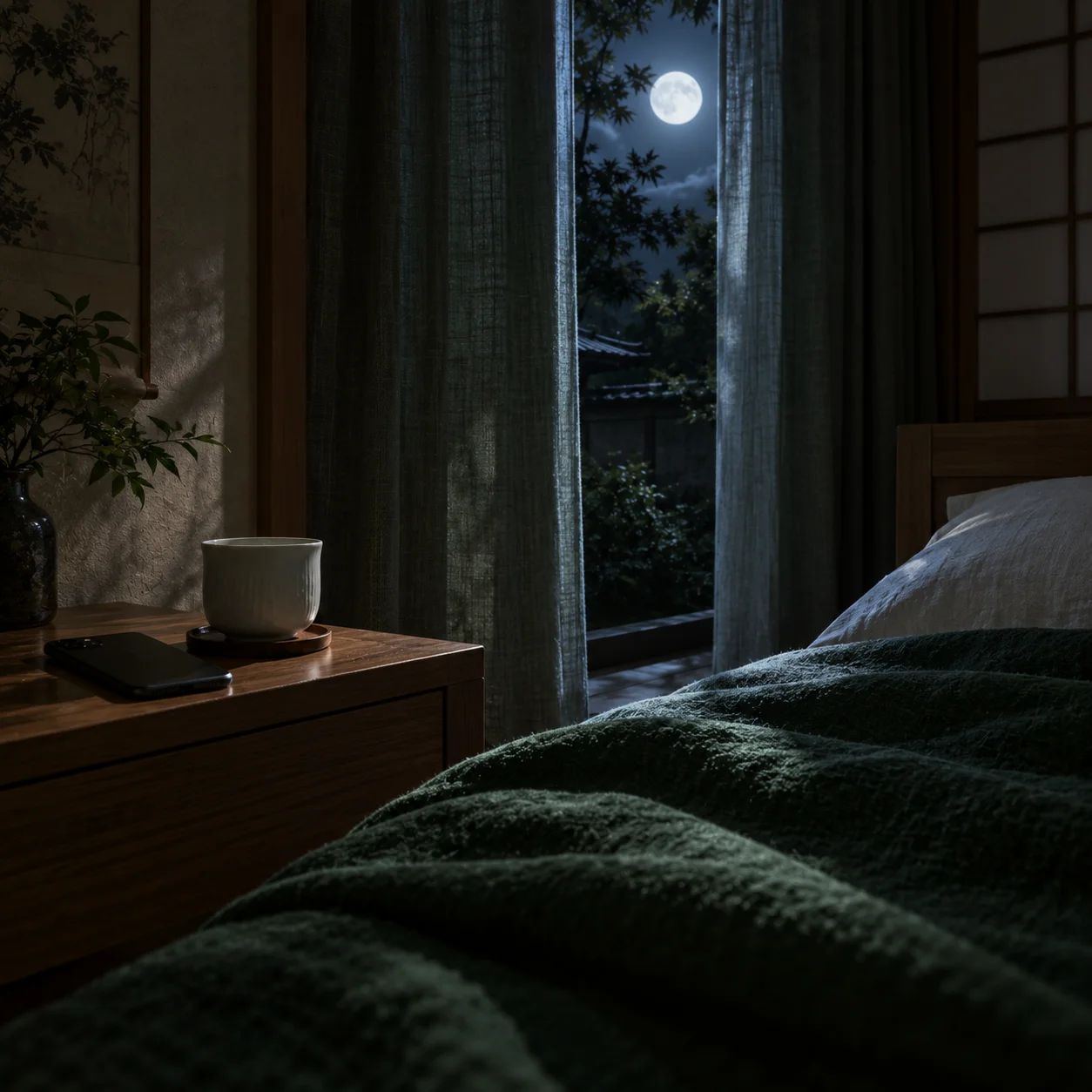 満月の夜の寝室。カーテンの隙間から満月が見え、木のベッドサイドテーブルに伏せて置かれたスマートフォンと白い湯のみ、深緑のブランケット