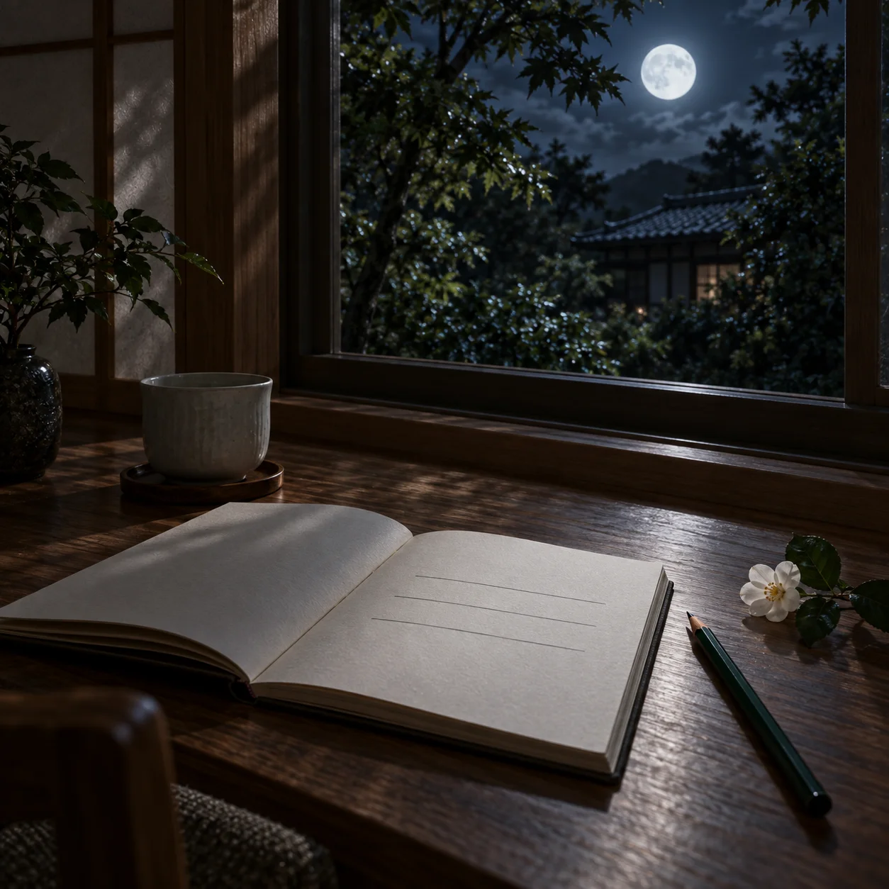 満月が見える窓辺の木の机。開いたノートに横線が三本だけ引かれていて、そばに深緑の鉛筆と白い椿、白い湯のみ