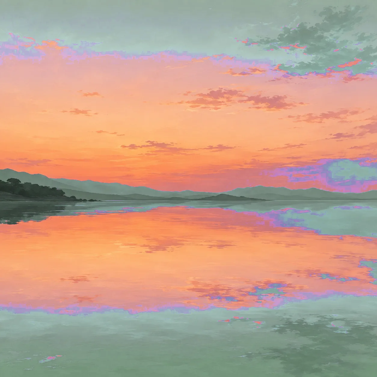 オレンジから薄紫へ移る夕暮れの空と、それを鏡のように映す静かな水面