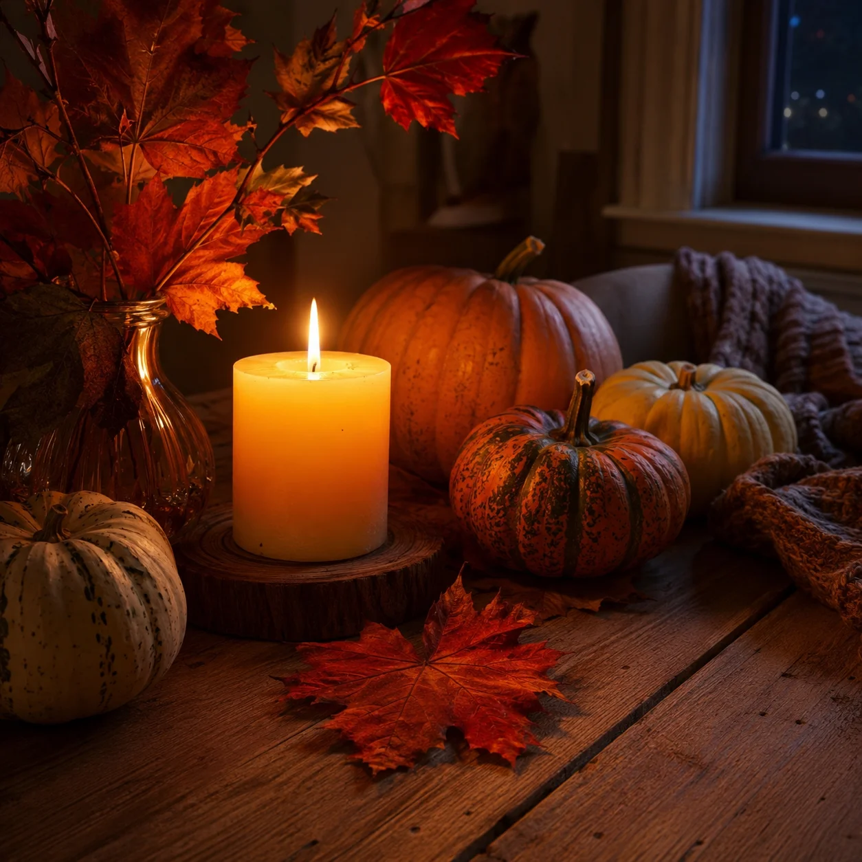 キャンドルと紅葉が飾られた秋のテーブルで静かに過ごす夜のイメージ