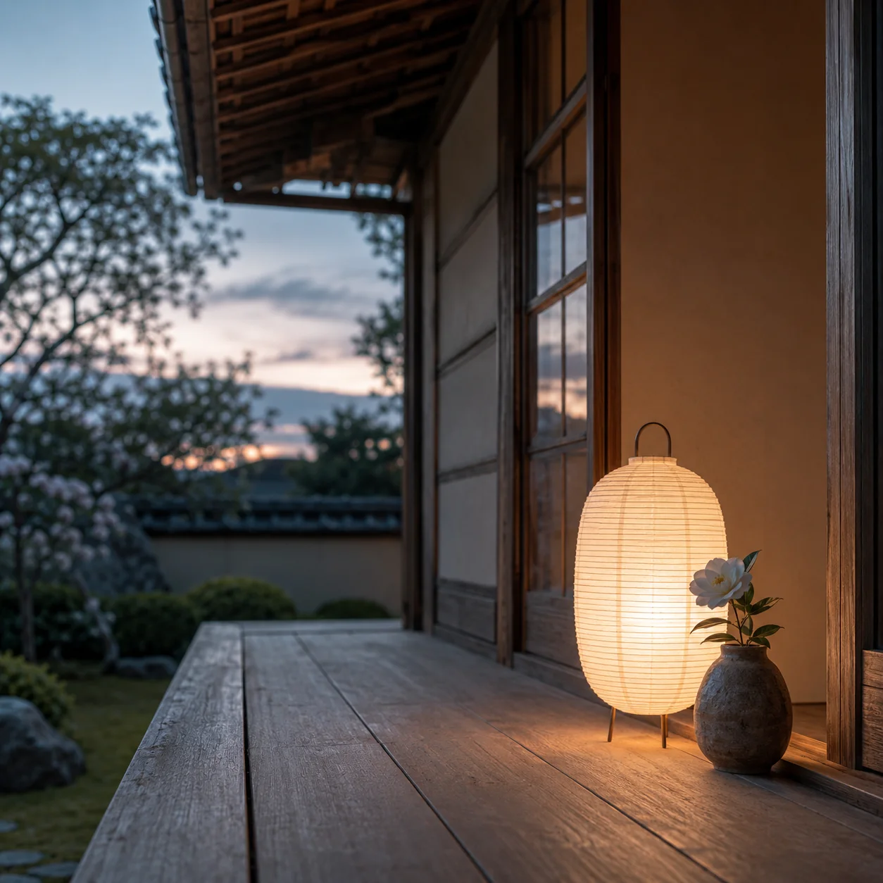 夕暮れの縁側に灯された白い提灯と、静かに置かれた一輪の花
