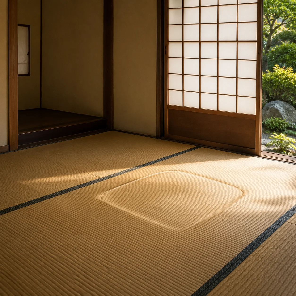 片づけの済んだ和室。畳にうっすら残る跡と、障子越しに差し込む夏の終わりの光