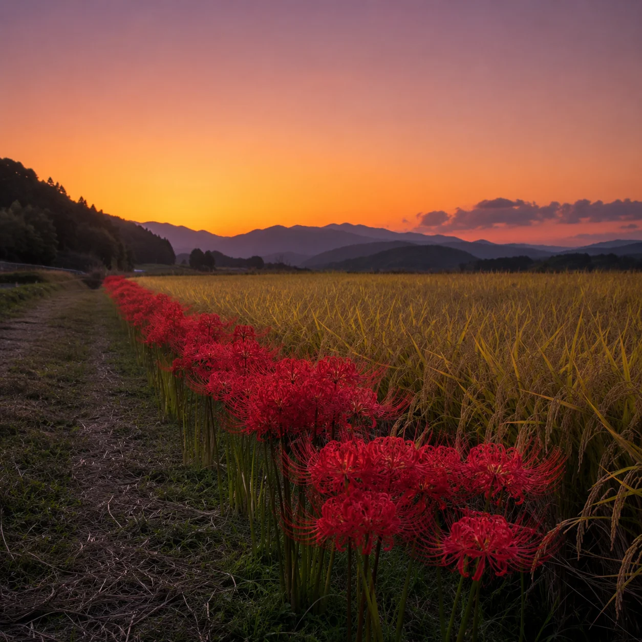 夕暮れの田んぼの畦道沿いに赤い彼岸花が一列に咲いている。右手に色づいた稲穂、奥に山並みとオレンジ色の空