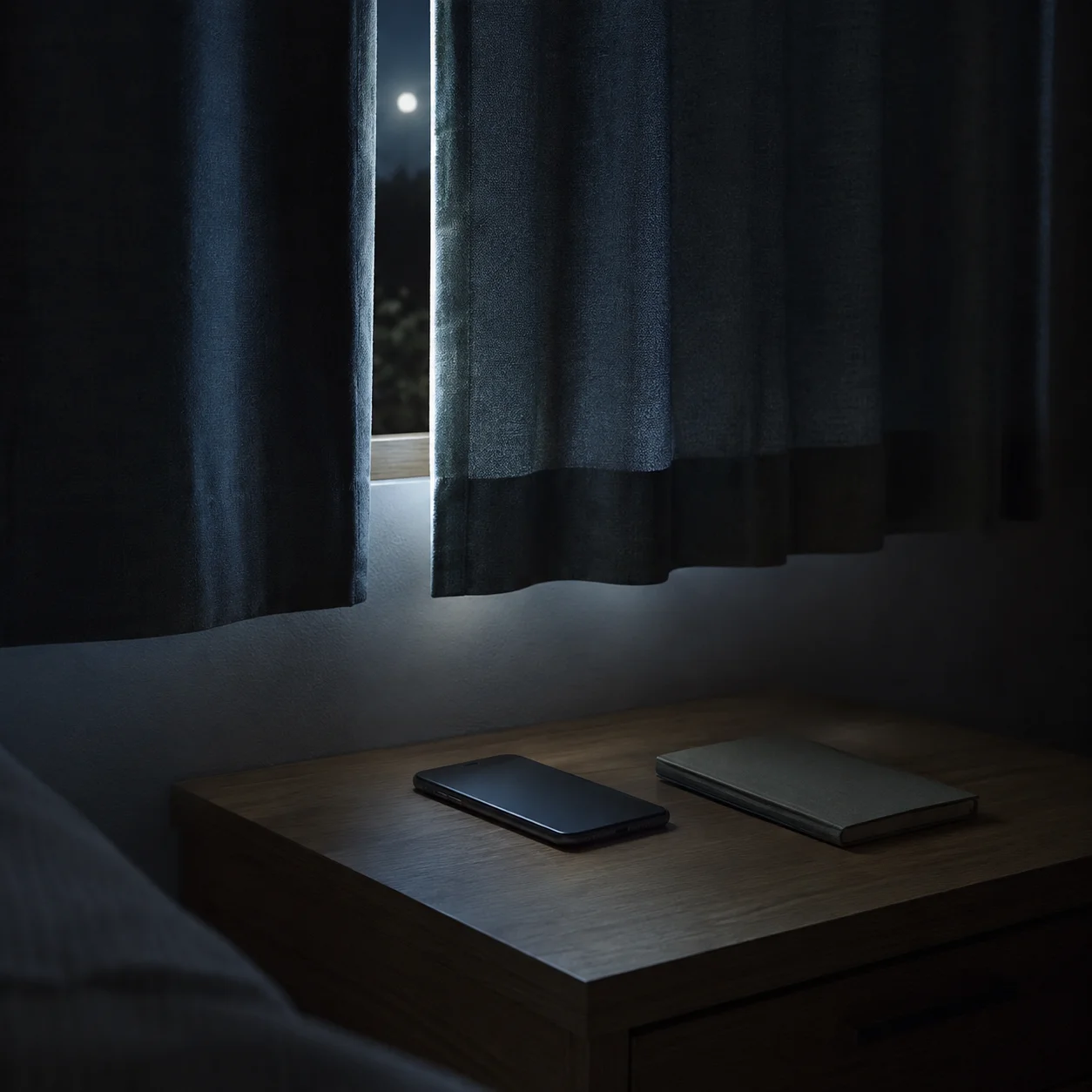 夜の寝室。カーテンの隙間から月が見え、木のサイドテーブルに暗い画面のスマートフォンと閉じたノートが並んでいる