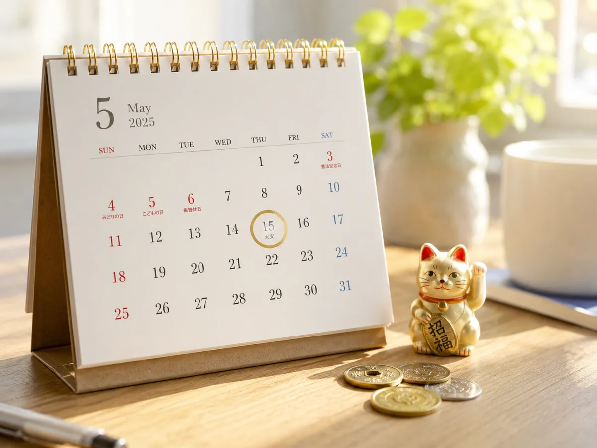 カレンダーの吉日に金色の丸印と招き猫・硬貨