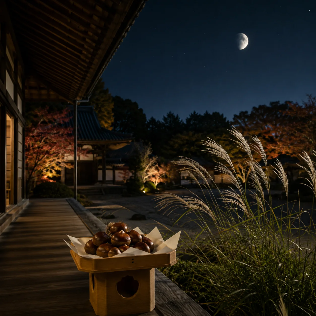 秋の夜空にかかる欠けた月。手前の縁側の三方に皮つきの栗が盛られ、右手にすすきが揺れている