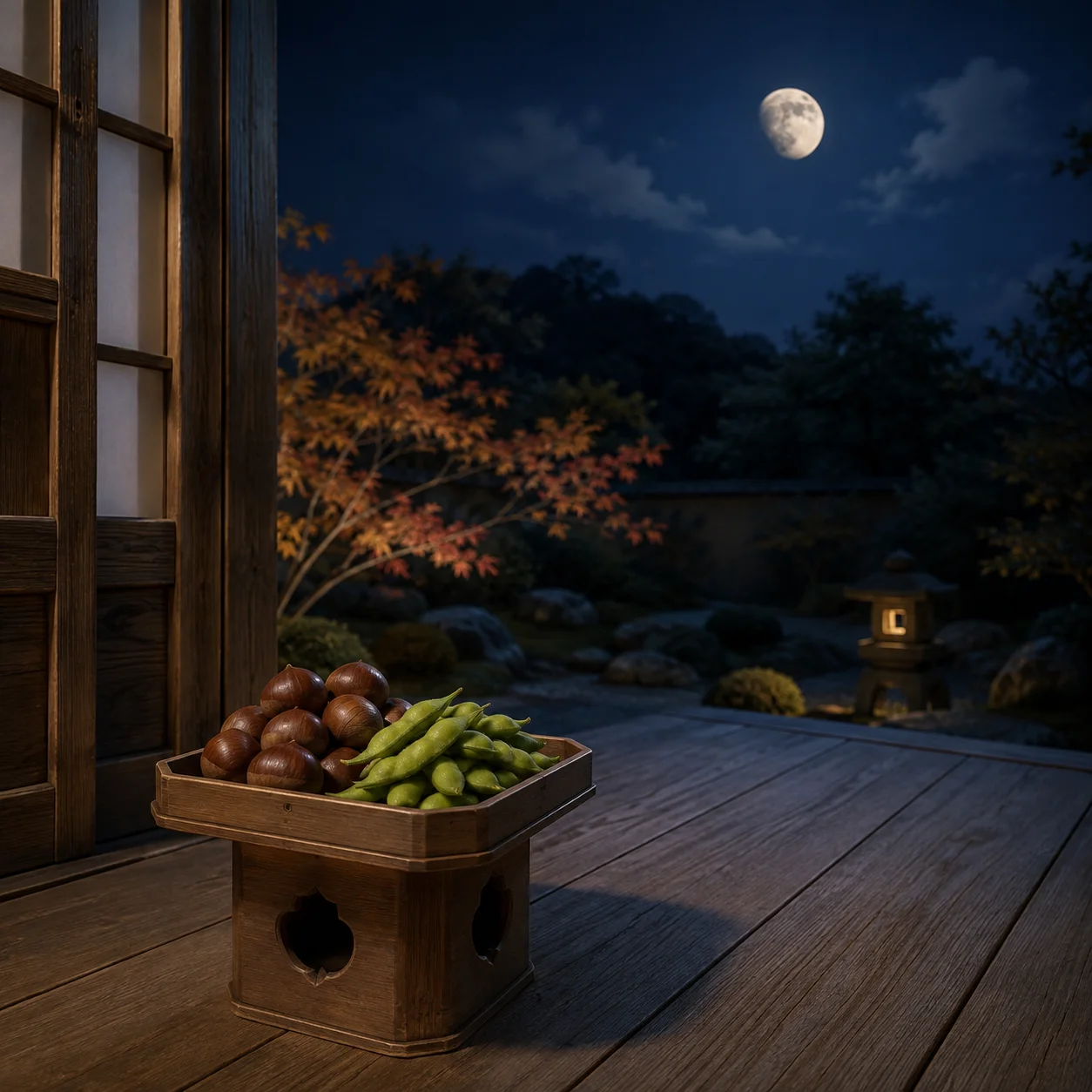 木の縁側に置かれた三方の上に、皮つきの栗とさやのままの枝豆が盛られている。奥の夜空に欠けた月