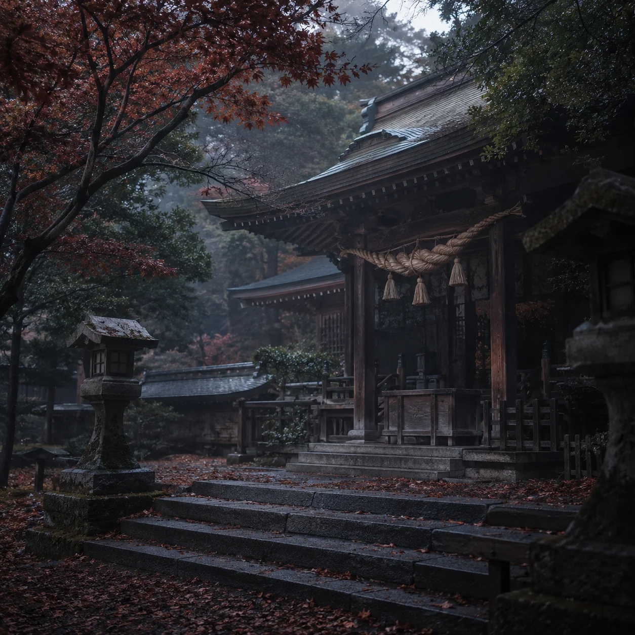 霧のかかった秋の神社の境内。注連縄のかかった木造の社殿と苔むした石灯籠、石段に散った紅葉