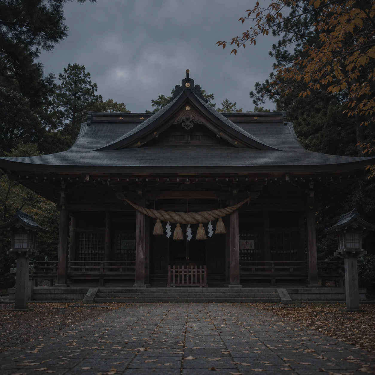 人影のない神社の拝殿を正面から。太い注連縄と紙垂が下がり、石畳に落ち葉が散っている。左右に石灯籠
